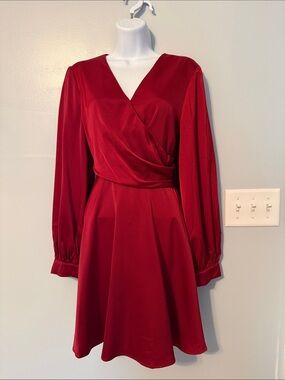Satin V-Neck Brick Red Long-Sleeve A-Line Dress